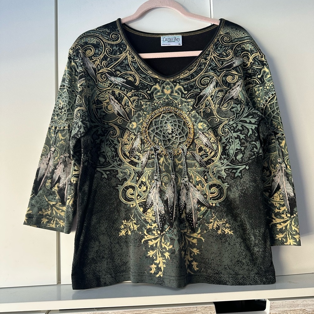 🖤 Cactus Bay Dreamcatcher Top XL Boho Western Embellished